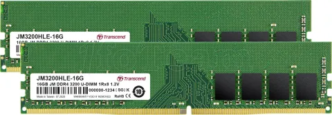 Photo de Kit Barrettes mémoire 32Go (2x16Go) DIMM DDR4 Transcend JetRam 3200Mhz (Vert)