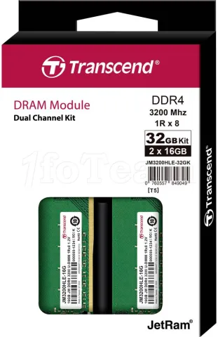 Photo de Kit Barrettes mémoire 32Go (2x16Go) DIMM DDR4 Transcend JetRam 3200Mhz (Vert)