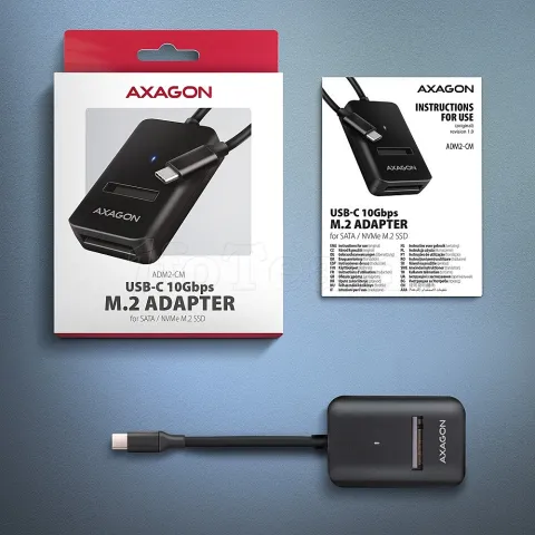 Photo de Adaptateur USB-C 3.2 Axagon ADM2-CM vers M.2 S-ATA/NVMe auto-alimenté