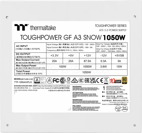 Photo de Alimentation ATX Thermaltake Toughpower GF A3 - 1050W (Blanc)