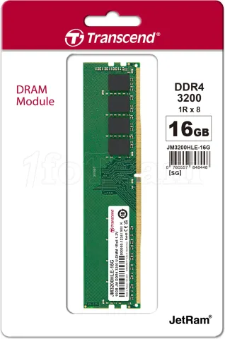 Photo de Barrette mémoire 16Go DIMM DDR4 Transcend JetRam 3200Mhz CL22 (Vert)