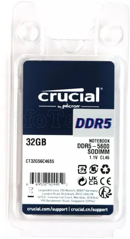 Photo de Barrette mémoire SODIMM DDR5 32Go Crucial 5200Mhz (Noir)