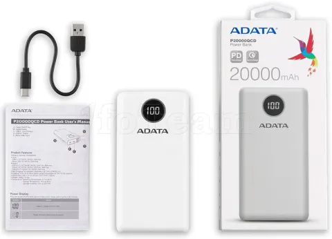 Photo de Batterie externe USB Adata P20000QCD - 20000mAh 15W (Blanc)