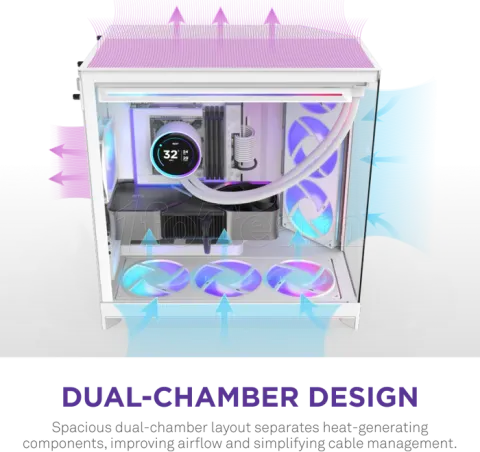 Photo de Boitier Moyen Tour ATX NZXT H9 Flow+ RGB avec panneaux vitrés (Blanc)