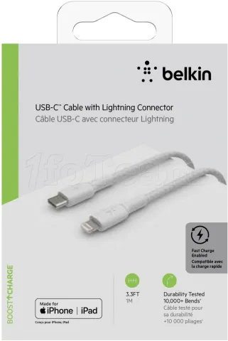 Photo de Câble Belkin BoostCharge USB-C vers Lightning 1m M/M (Blanc)