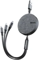 Photo de Cable rétractable 3en1 Baseus Fabric USB 2.0 type A - vers Type C, Micro USB & Lightning M/M 1,2m (Gris)
