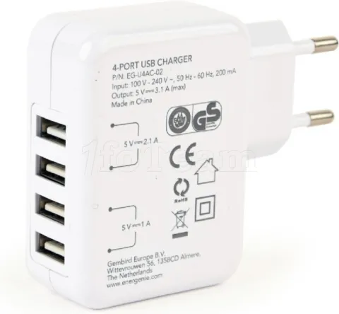 Photo de Chargeur secteur EnerGenie 4x USB-A (Blanc)