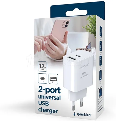 Photo de Chargeur secteur Gembird - 1x USB-C + 1x USB-A 12W (Noir)