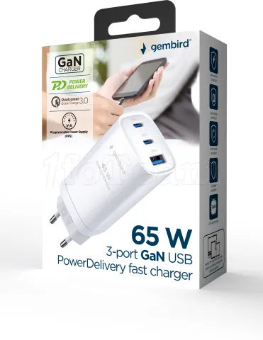 Photo de Chargeur secteur Gembird - 2x USB-C + 1x USB-A 65W (Blanc)