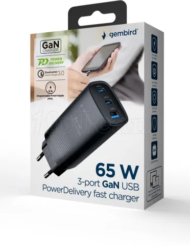 Photo de Chargeur secteur Gembird - 2x USB-C + 1x USB-A 65W (Noir)