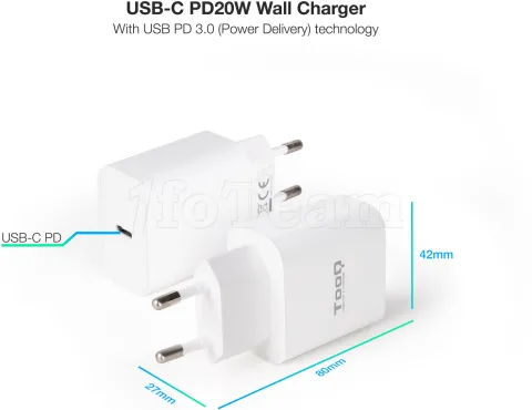 Photo de Chargeur secteur TooQ TQWC-PDUSBC20 1 port USB-C 20W (Blanc)