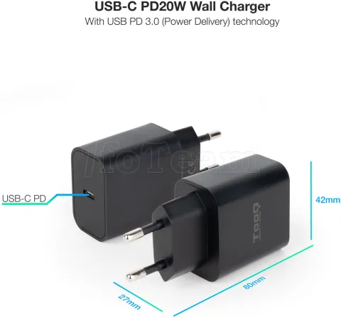 Photo de Chargeur secteur TooQ TQWC-PDUSBC20 1 port USB-C 20W (Noir)