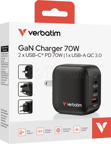 Photo de Chargeur secteur Verbatim Mini GaN 1x USB-A + 2x USB-C 70W (Noir)