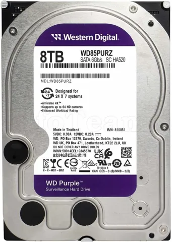 Photo de Disque Dur 3,5" Western Digital Purple Surveillance 8To - S-ATA 256Mo