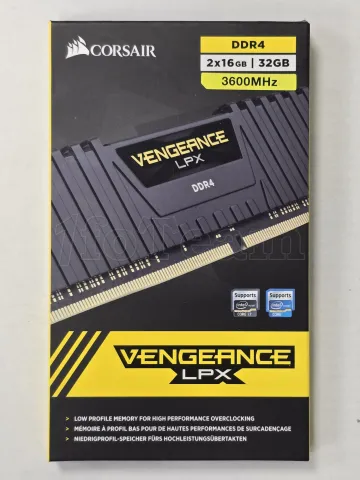 Photo de Kit Barrettes mémoire 32Go (2x16Go) DIMM DDR4 Corsair Vengeance LPX  3600Mhz (Noir) - SN A4WZT434056HXH - ID 211286