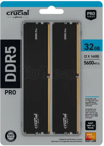 Photo de Kit Barrettes mémoire 32Go (2x16Go) DIMM DDR5 Crucial Pro 6000MHz (Noir)