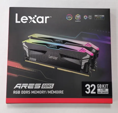 Photo de Kit Barrettes mémoire 32Go (2x16Go) DIMM DDR5 Lexar Ares RGB  6400MHz (Noir) - SN 691727C82440/691727DF2440 - ID 213380