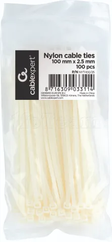 Photo de Lot de 100 Colliers plastique/Serre câble CableXpert - 100x2,5mm (Blanc)