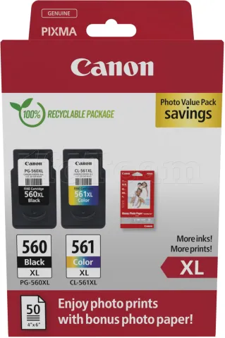 Photo de Pack 2 cartouches d'encre Canon PG-560XL/CL-561XL Photo Value Pack (Noir + Couleurs) + 50x Papiers photo