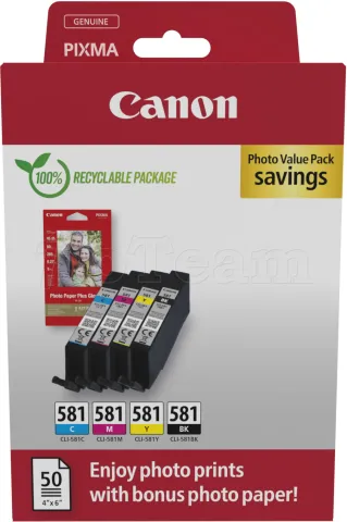 Photo de Pack 4 cartouches d'encre Canon CLI-581 Photo Value Pack (Noir + Couleurs) + 50x Papiers hoto