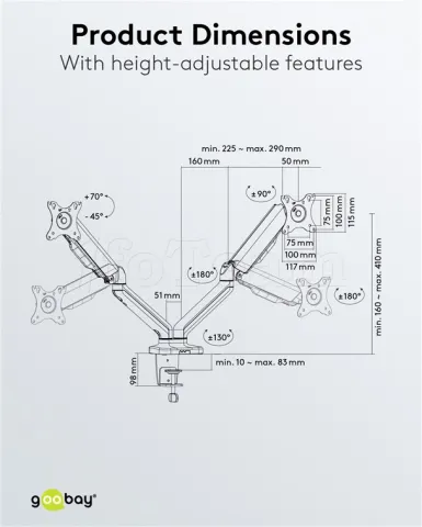 Photo de Support double-écran à fixer Goobay Gas Spring 17"-32" (9kg max) (Noir)